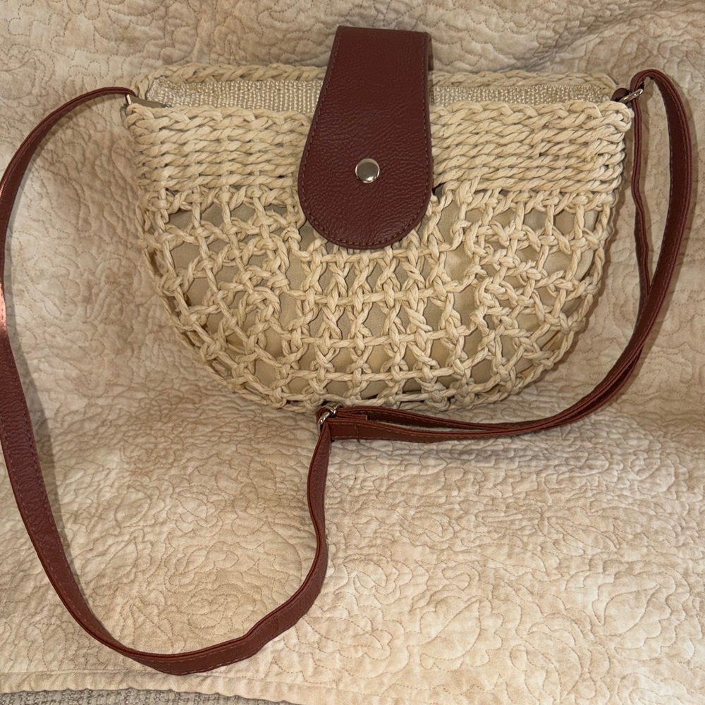 Neutral Woven Crossbody Bag with Brown Leather Accents